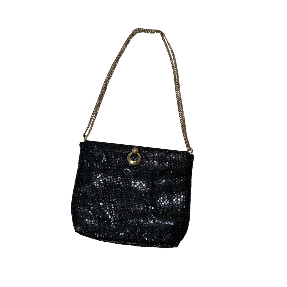 Vintage WHITING & DAVIS Black Metal Mesh Gold Accents Purse Shoulder Bag Chain‎